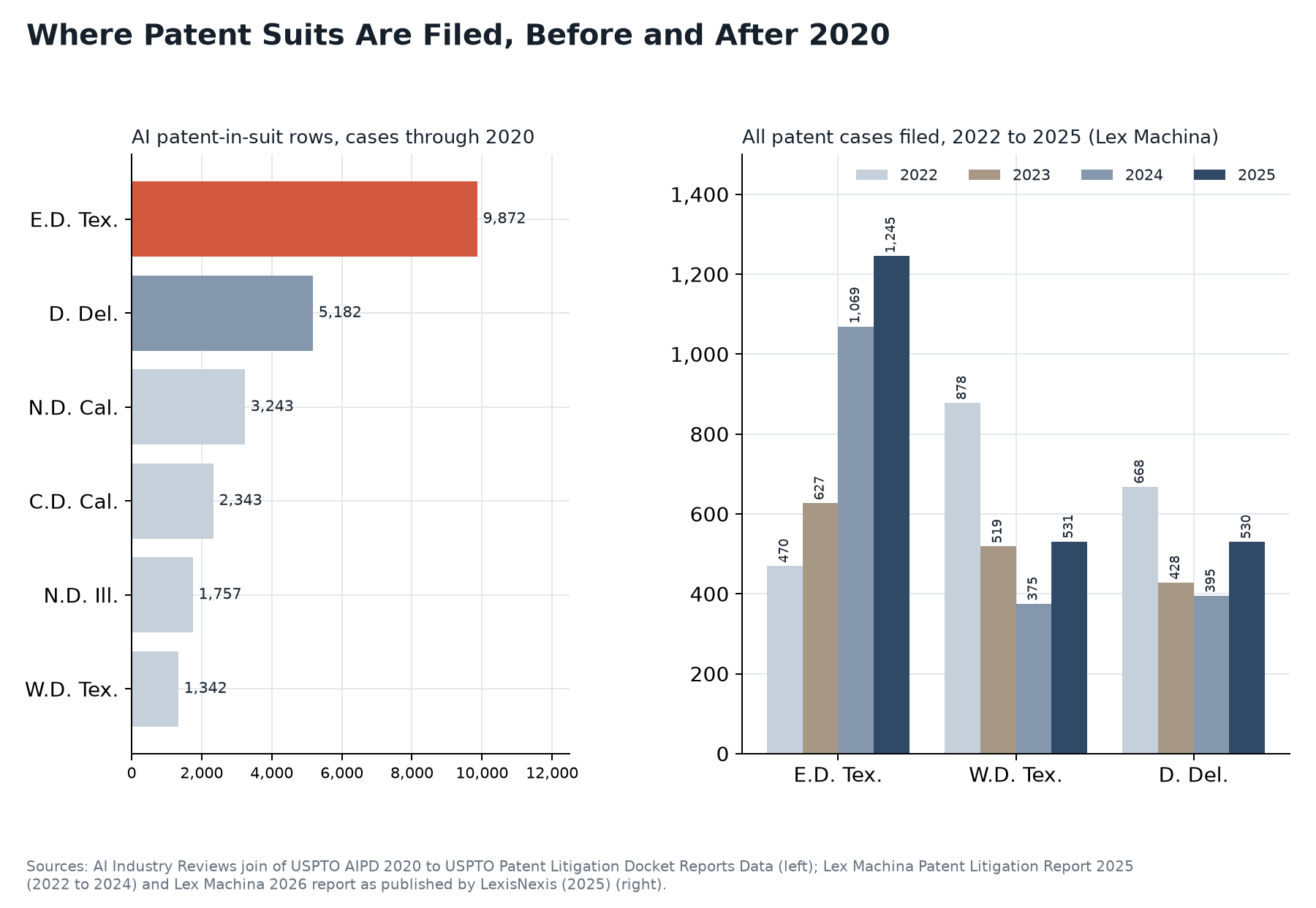 Two-panel chart: AI patent-in-suit rows by district for cases through 2020, and all patent cases filed in the Eastern and Western Districts of Texas and Delaware from 2022 to 2025